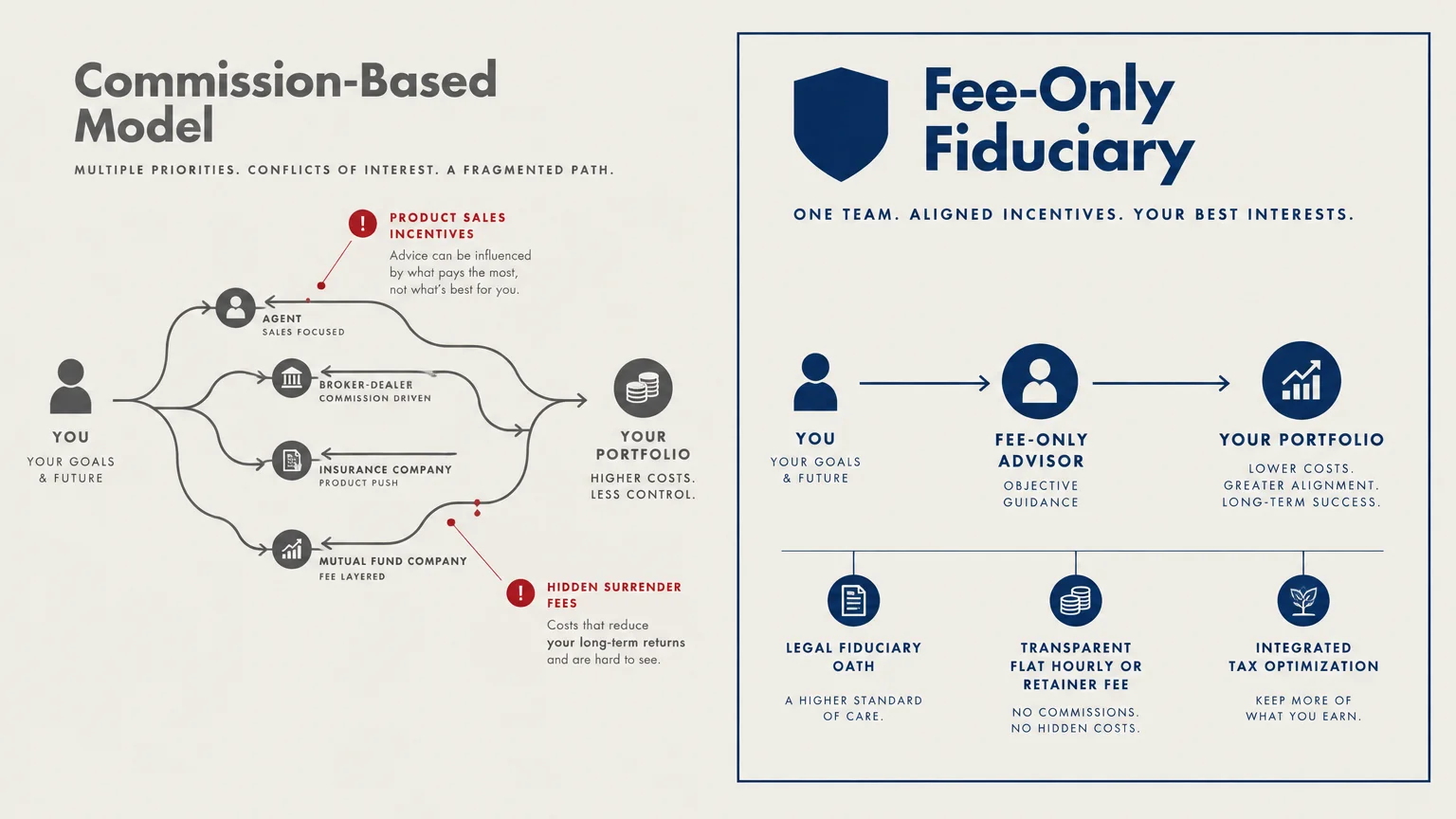 Diagram comparing a complex commission-based financial model against a direct, transparent fee-only fiduciary model.