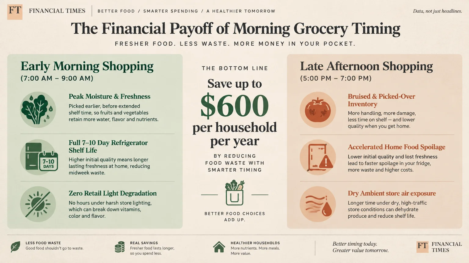 Infographic comparing benefits of early morning shopping versus late afternoon shopping, highlighting annual grocery savings.