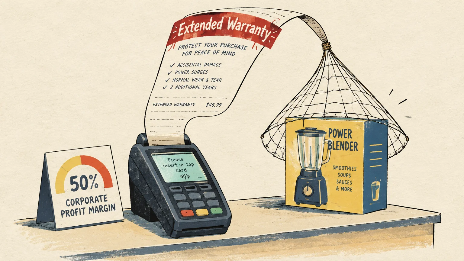 Illustration of a payment terminal printing an extended warranty receipt that forms a trap net over a boxed blender.