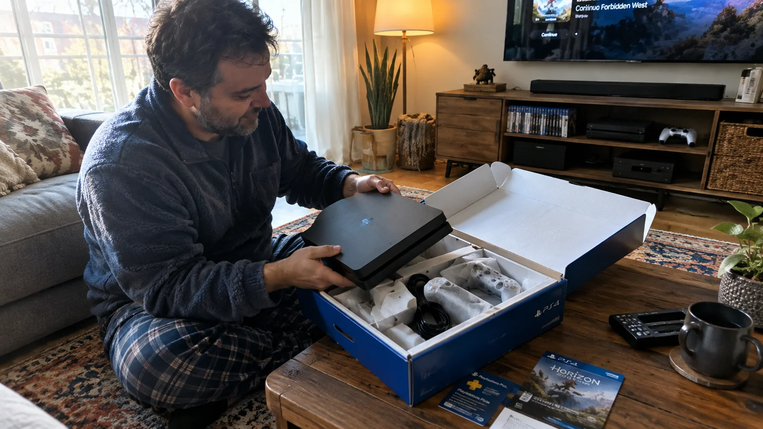 A man unboxing a black video game console from a bundle box on a living room coffee table.