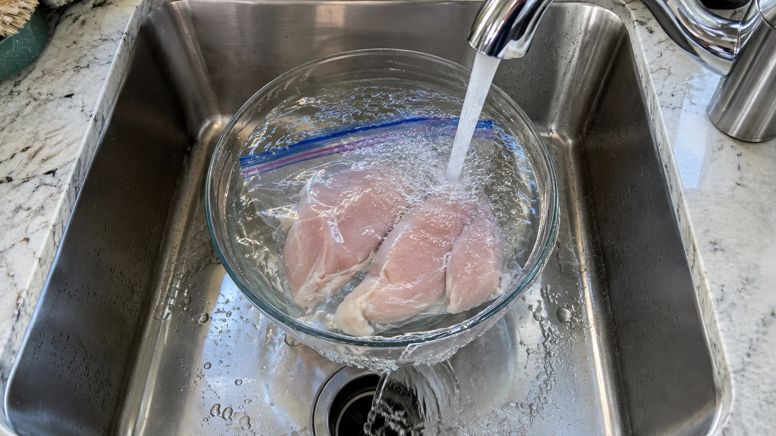 A glass bowl in a stainless steel sink holds bagged chicken breasts submerged under running tap water spilling over the rim.