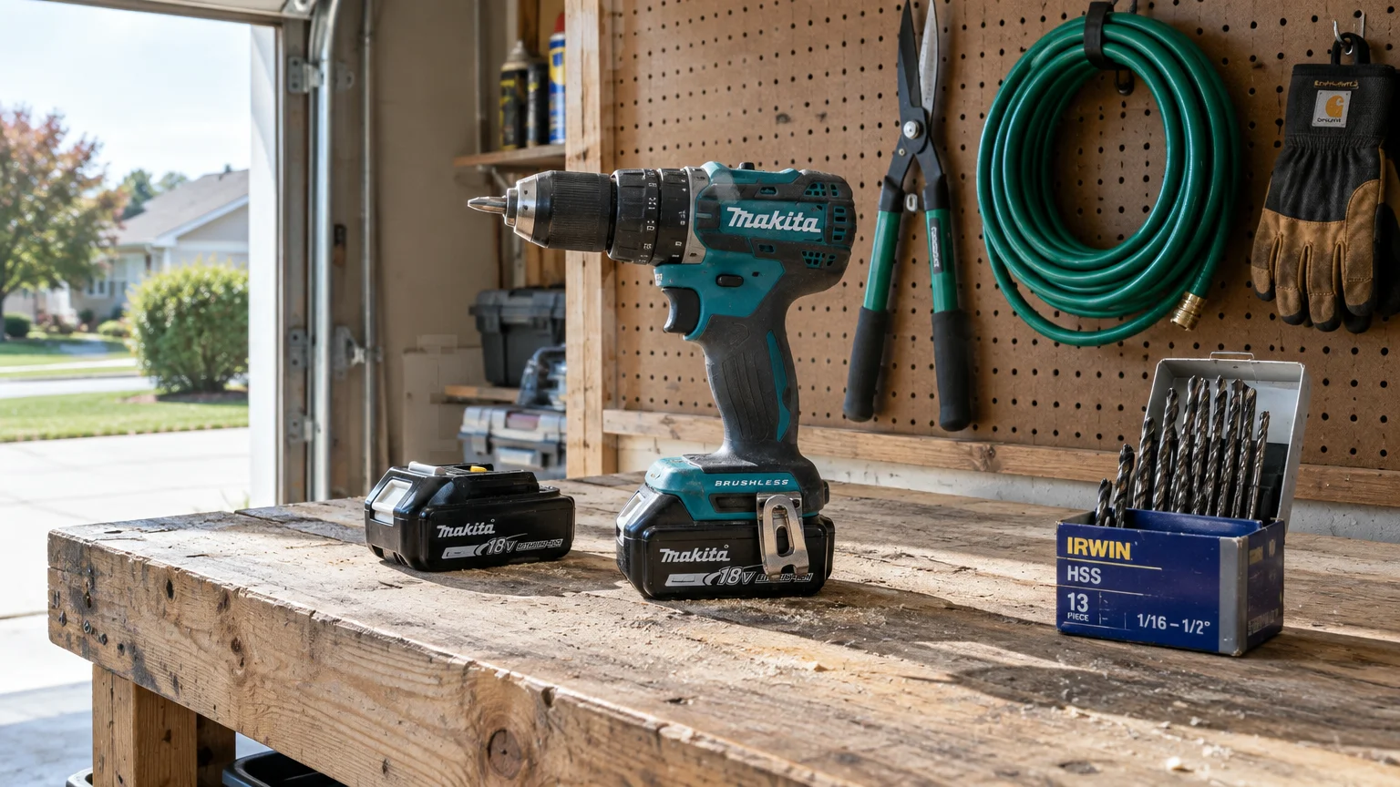 A cordless Makita power drill and drill bits rest on a wooden workbench in a garage with tools hanging on a pegboard.