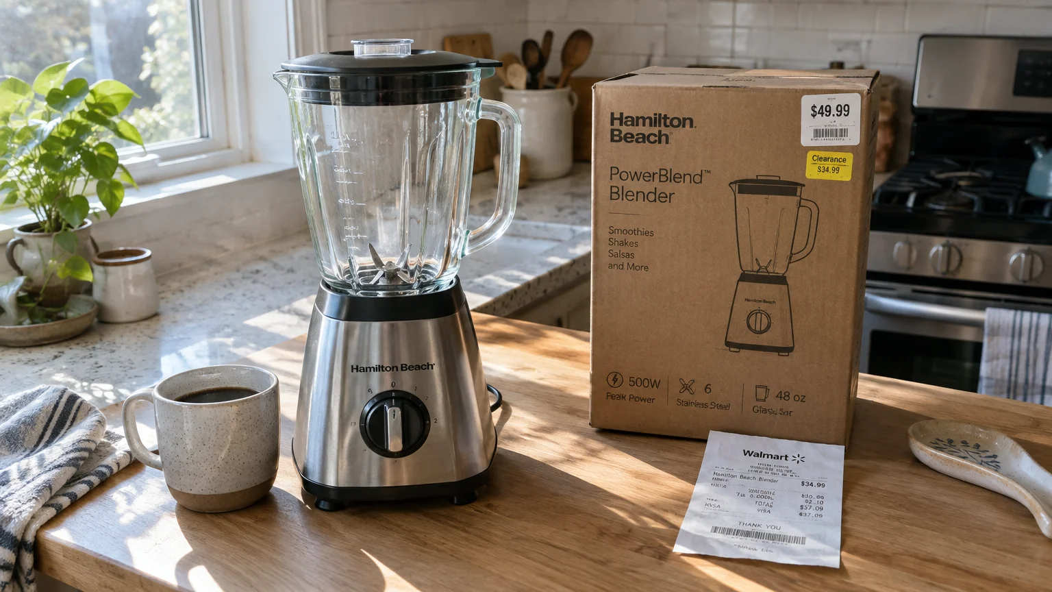 Hamilton Beach glass blender beside its cardboard retail box and a Walmart receipt on a wooden kitchen countertop.