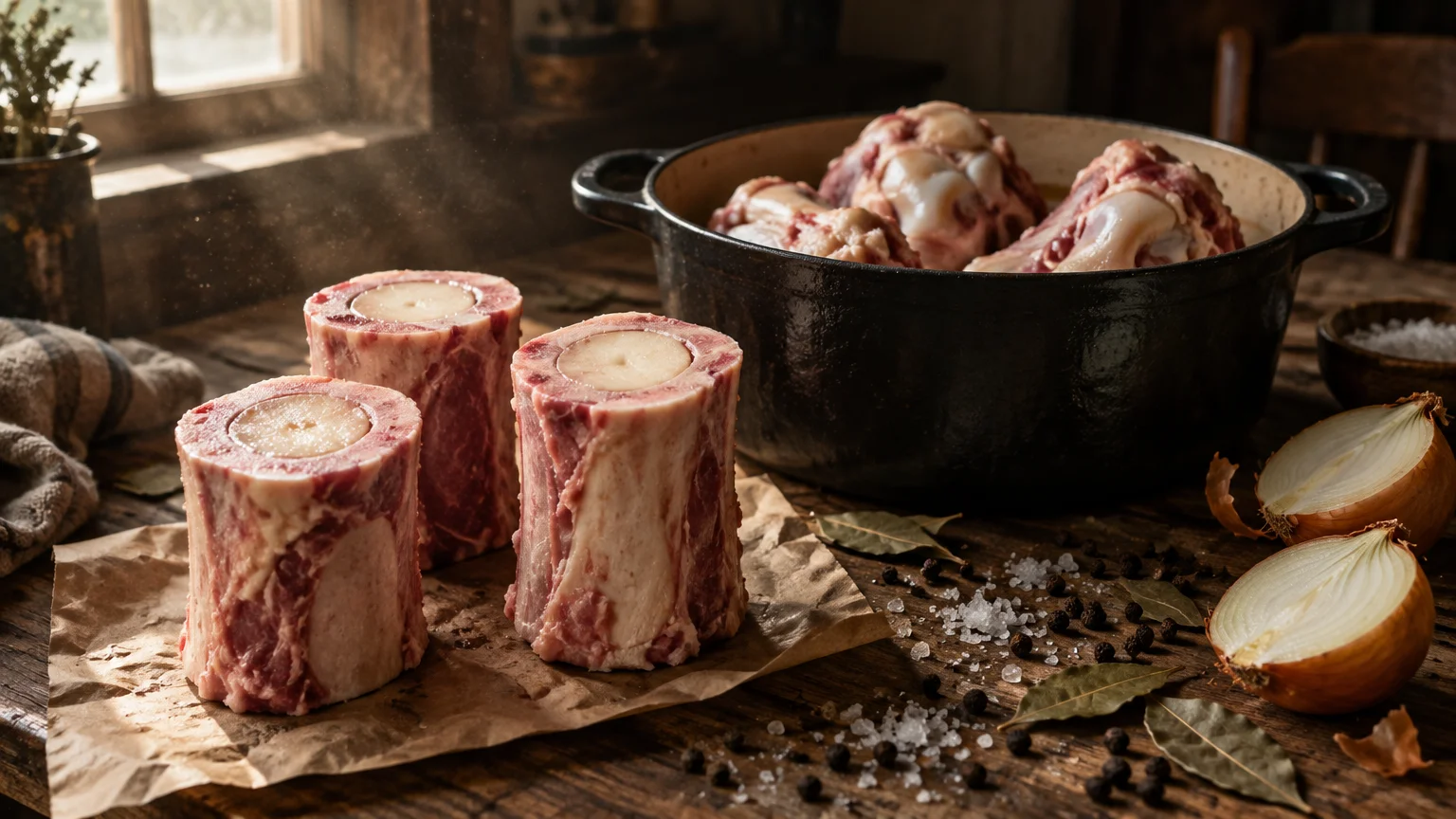 Beef marrow bones on butcher paper next to a cast-iron pot filled with soup bones, halved onions, and spices.
