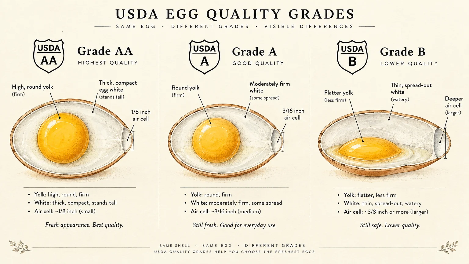 Diagram comparing interior yolk, white, and air cell differences across USDA Grade AA, Grade A, and Grade B eggs.