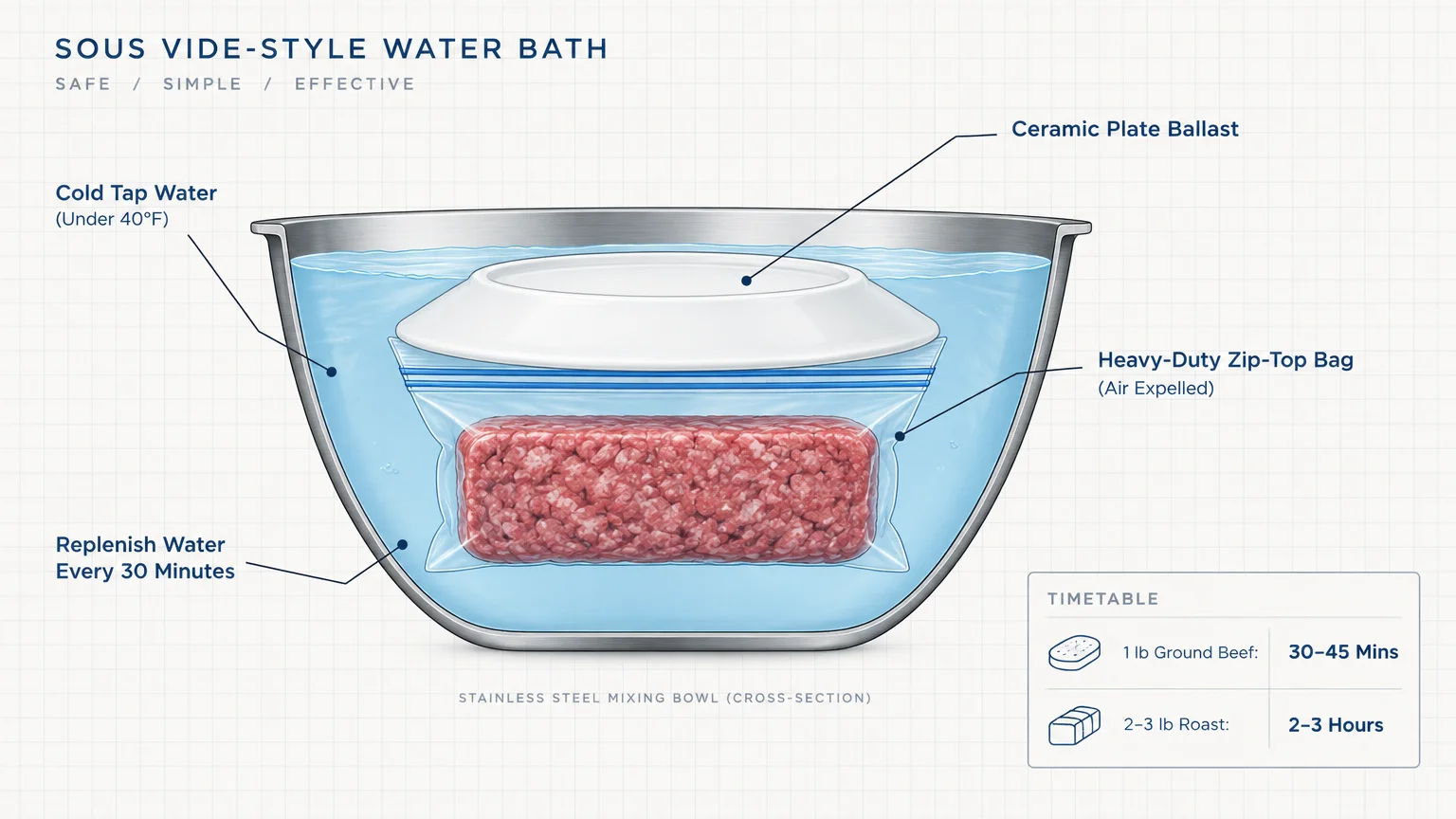 Cross-section diagram of ground beef in a submerged zip-top bag weighted by a ceramic plate inside a cold water bowl.