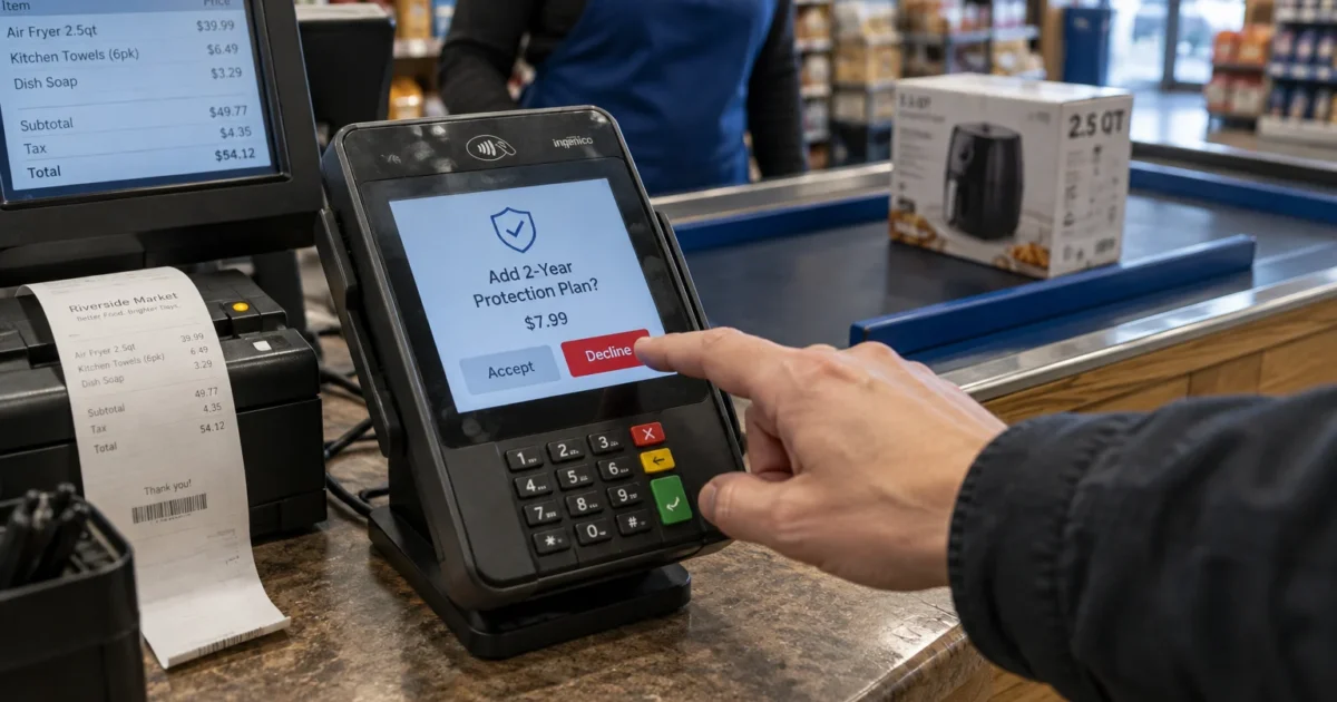 A shopper presses Decline on a payment terminal prompting to add a 2-year protection plan for $7.99.