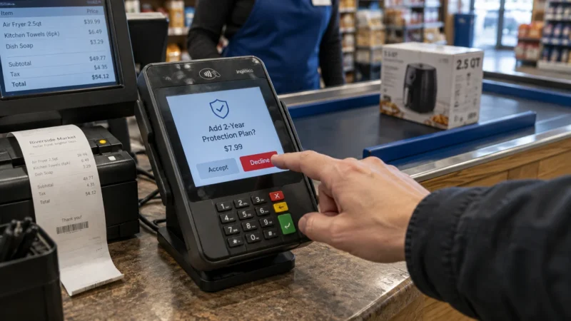 A shopper presses Decline on a payment terminal prompting to add a 2-year protection plan for $7.99.
