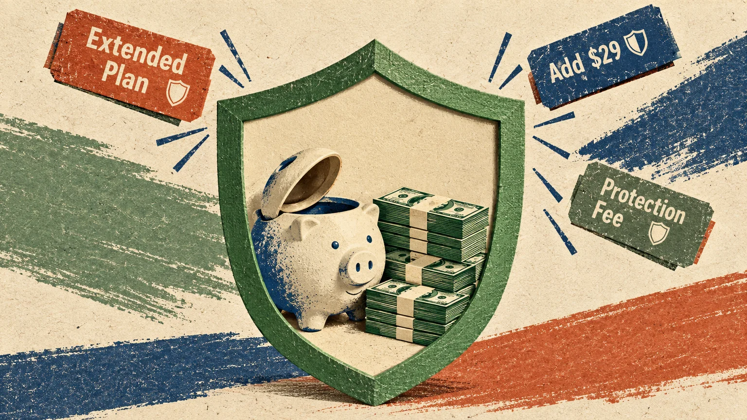 Paper craft collage featuring an open piggy bank and stacks of cash protected inside a green shield.