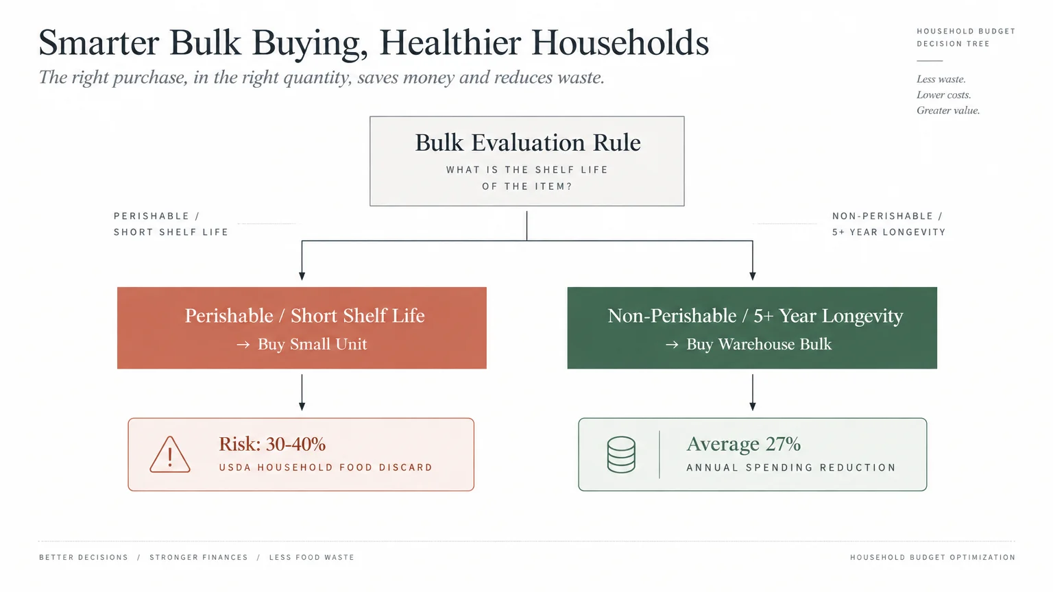 Flowchart comparing perishable items versus non-perishables, showing waste risks against an average 27% spending reduction.