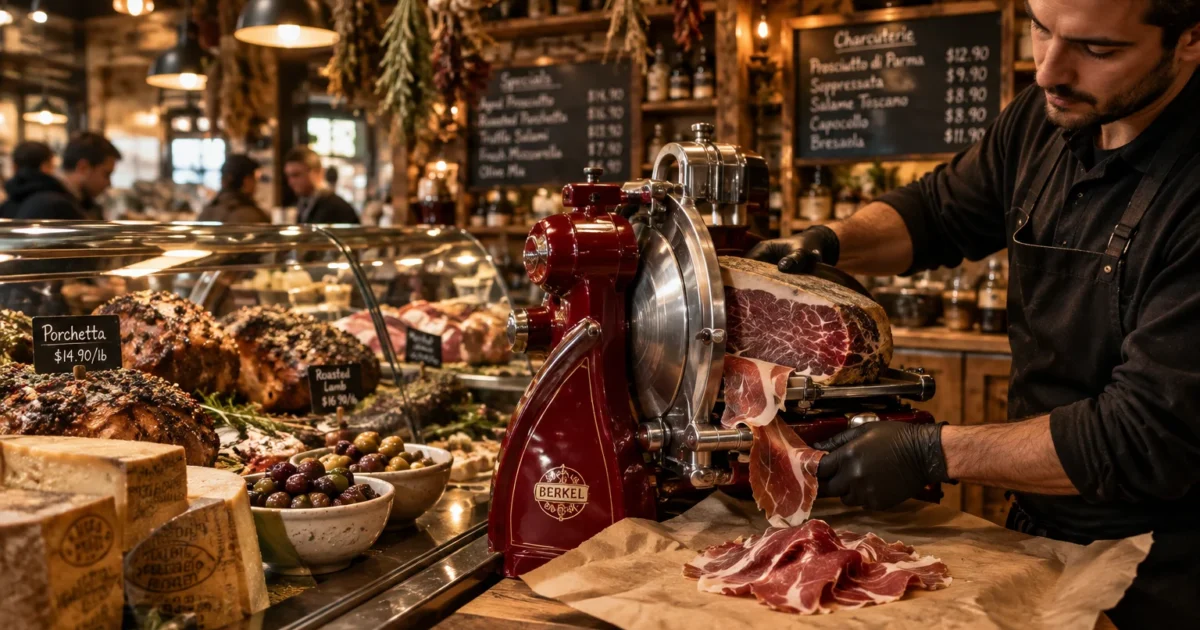 A deli worker in black gloves uses a vintage red Berkel slicer to slice cured ham onto butcher paper near display cases.
