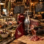 A deli worker in black gloves uses a vintage red Berkel slicer to slice cured ham onto butcher paper near display cases.