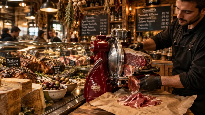 A deli worker in black gloves uses a vintage red Berkel slicer to slice cured ham onto butcher paper near display cases.