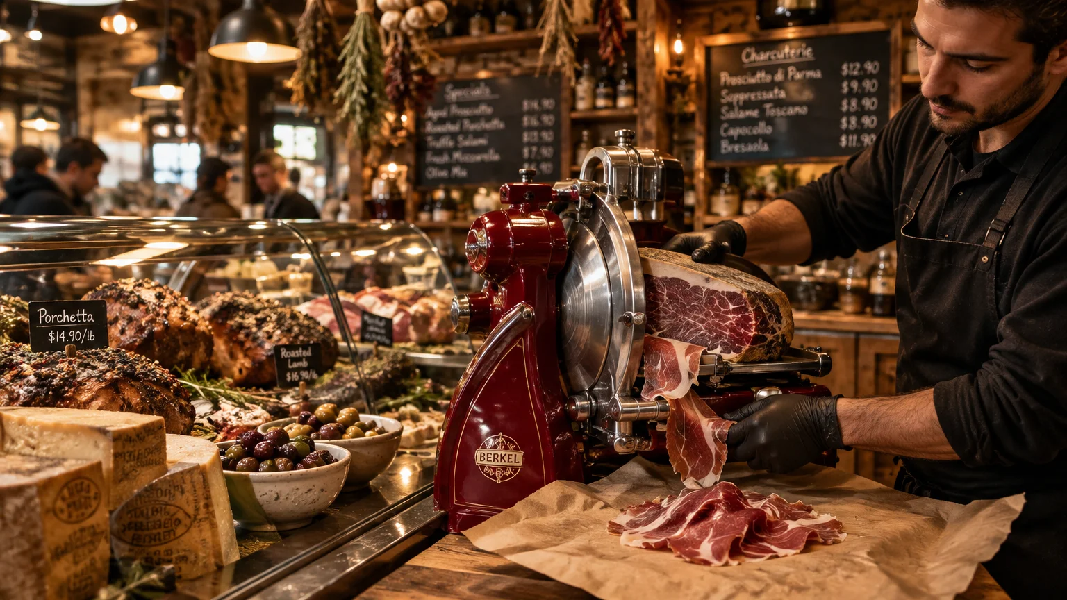 A deli worker in black gloves uses a vintage red Berkel slicer to slice cured ham onto butcher paper near display cases.