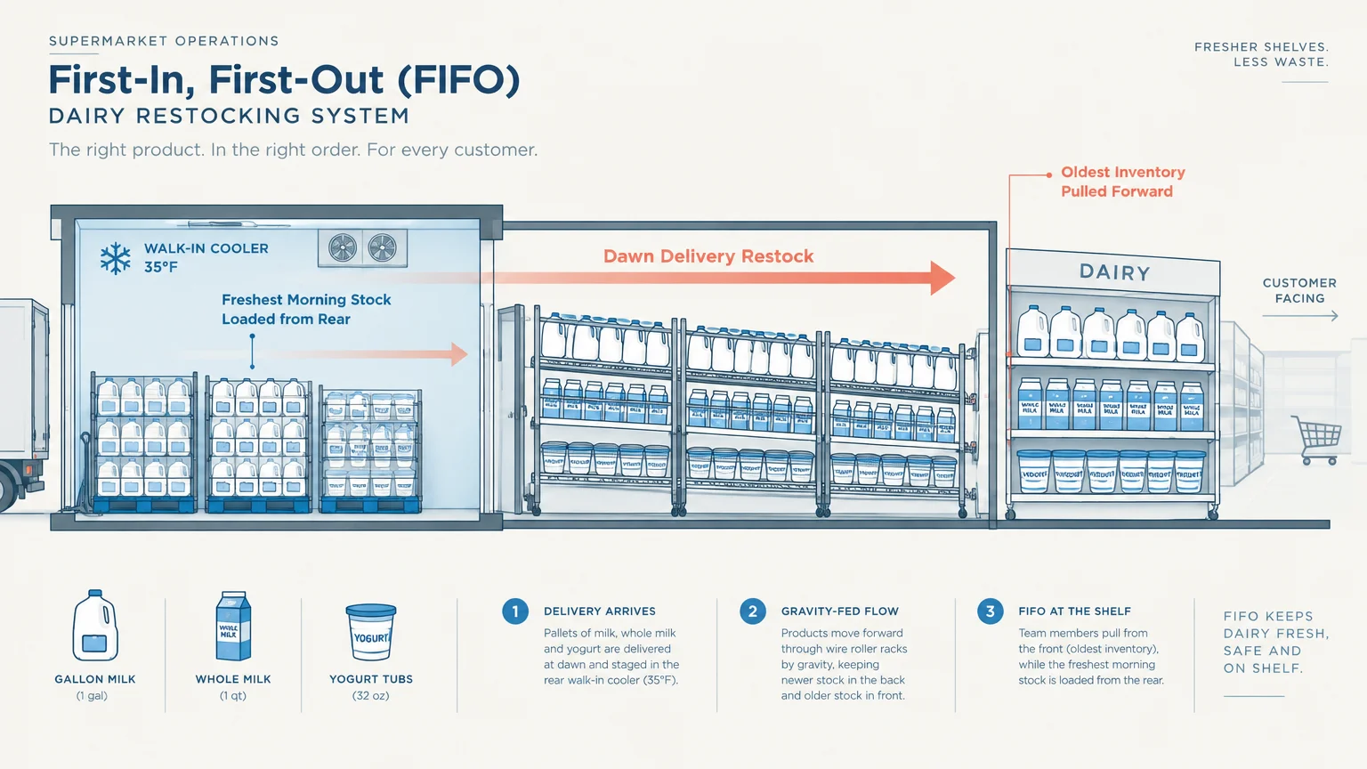 Diagram of a supermarket First-In, First-Out dairy restocking system showing milk moving from a walk-in cooler to shelves.