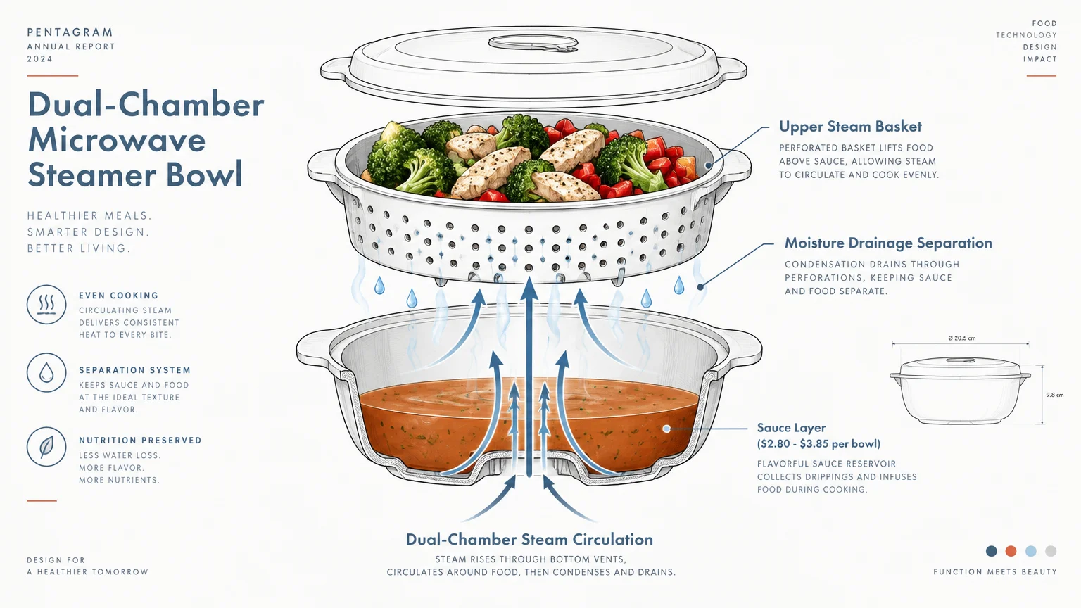 Exploded diagram of a dual-chamber microwave steamer bowl showing steam circulating between a sauce reservoir and food basket.