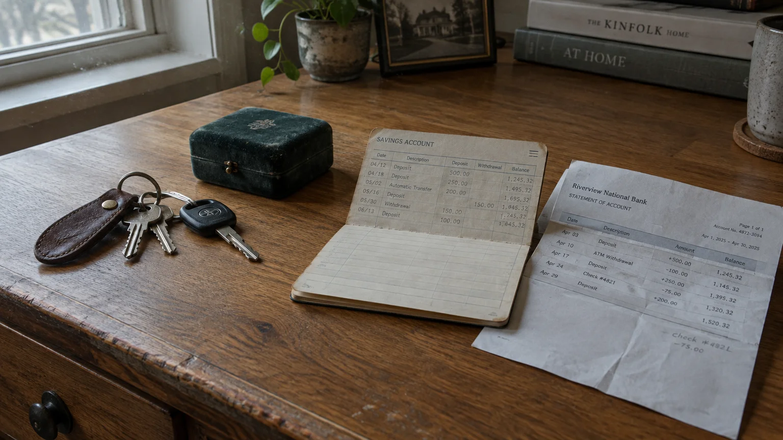 A wooden desk holding a set of keys, a green velvet jewelry box, an open savings passbook, and a bank statement.
