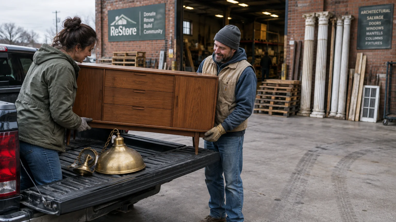 A man and woman unload a wooden credenza and brass light fixture from a pickup truck outside a ReStore warehouse.