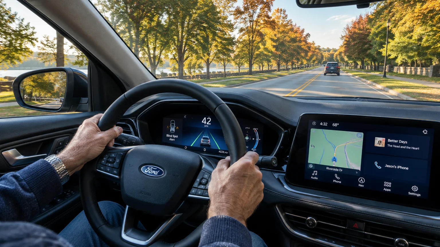 Hands on a Ford steering wheel driving down a tree-lined road, with digital dashboard and navigation screen visible.