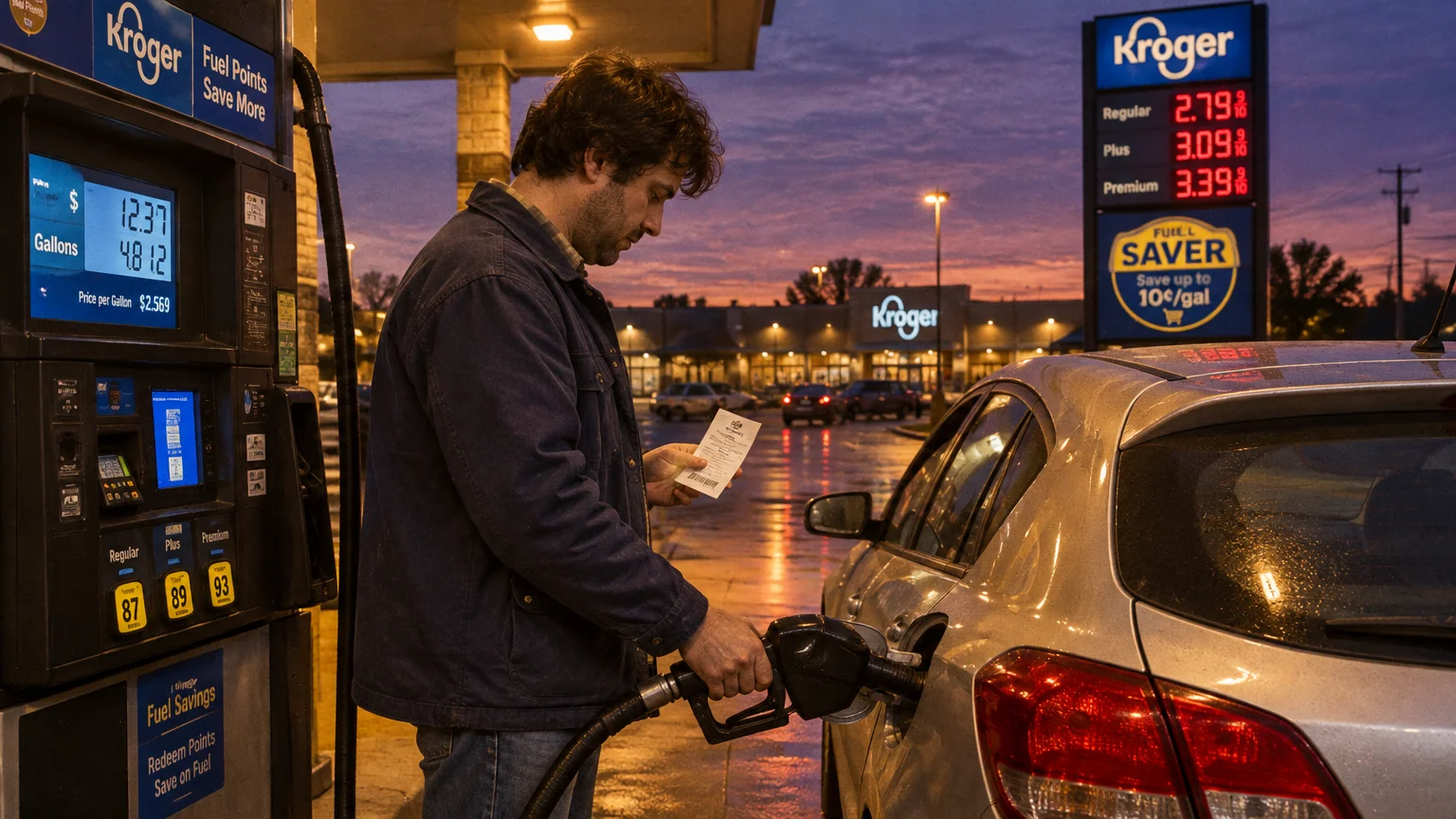 A man pumps gas into a silver car at a Kroger fuel station at dusk while checking a paper receipt.