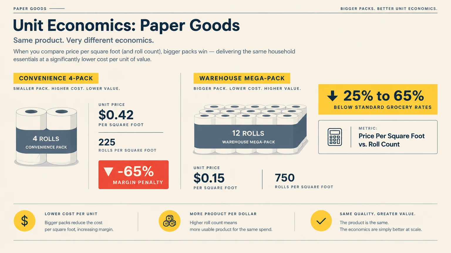 Diagram comparing unit economics of a convenience 4-pack versus a warehouse mega-pack of paper goods.