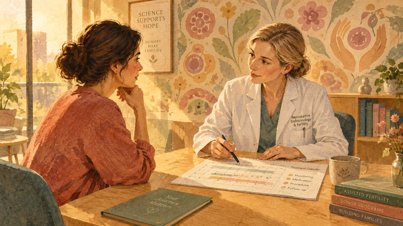 Illustration of a fertility doctor reviewing a treatment calendar across a desk with a potential egg donor.