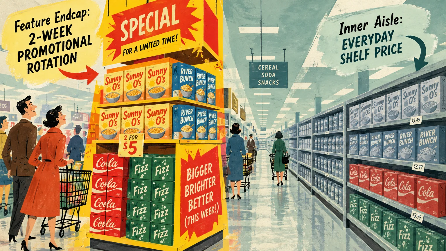 Retro illustration comparing a brightly colored grocery store feature endcap display with inner aisle shelves of groceries.
