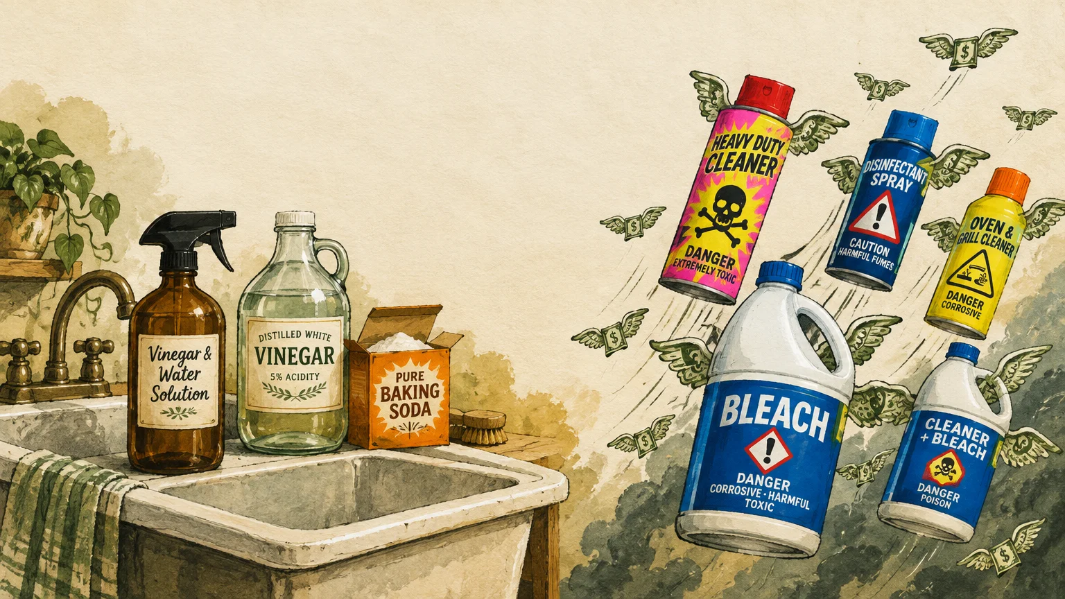 Illustration of vinegar and baking soda by a sink, contrasting with winged chemical spray bottles flying away with money.