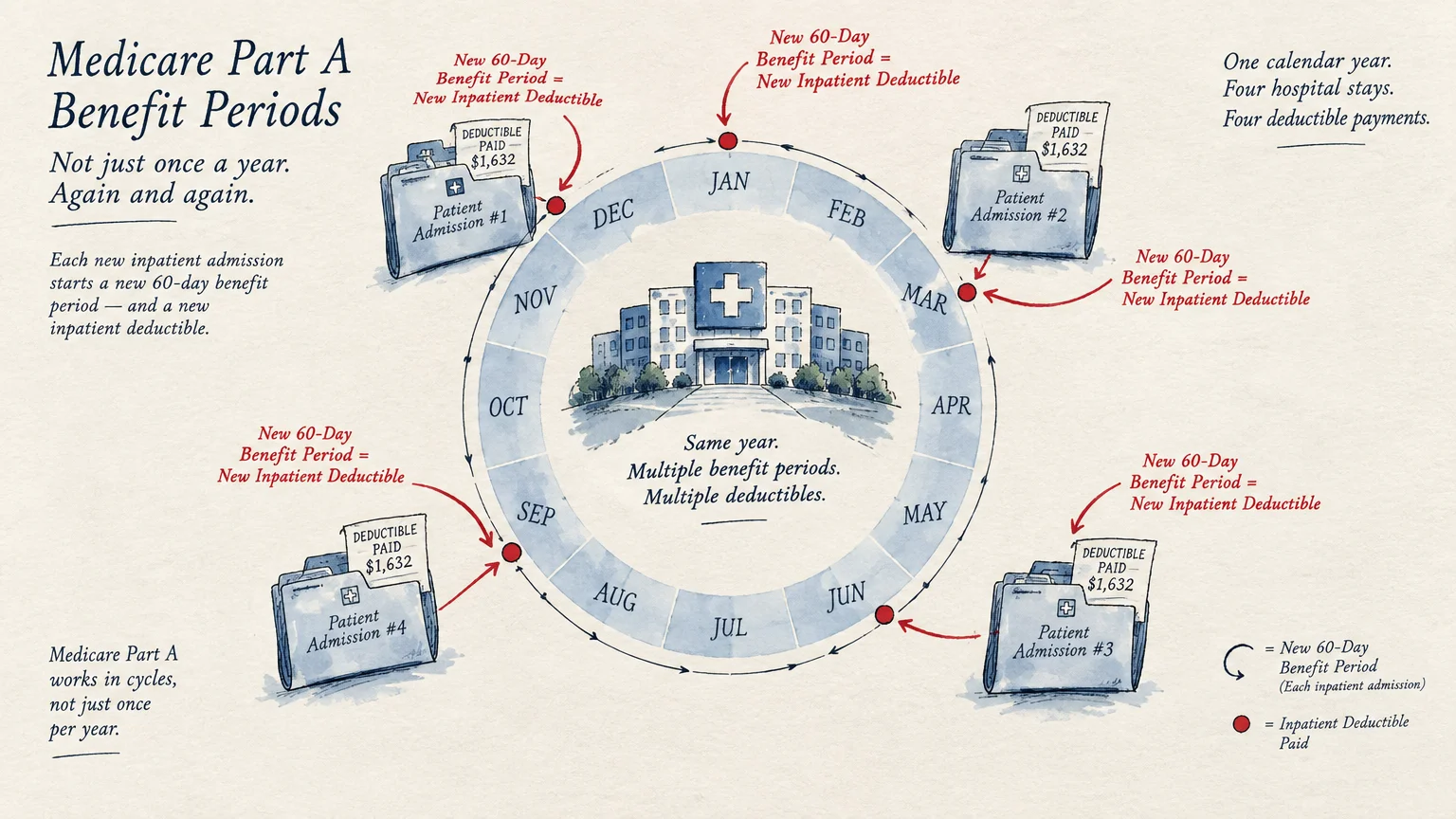 Circular calendar wheel showing hospital admissions and recurring Medicare Part A deductible payments across months.