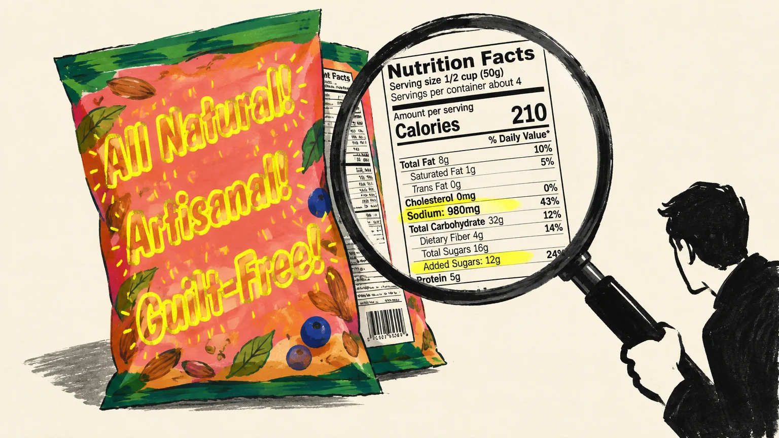 Illustration of a person examining a food package's nutrition facts label through a magnifying glass.