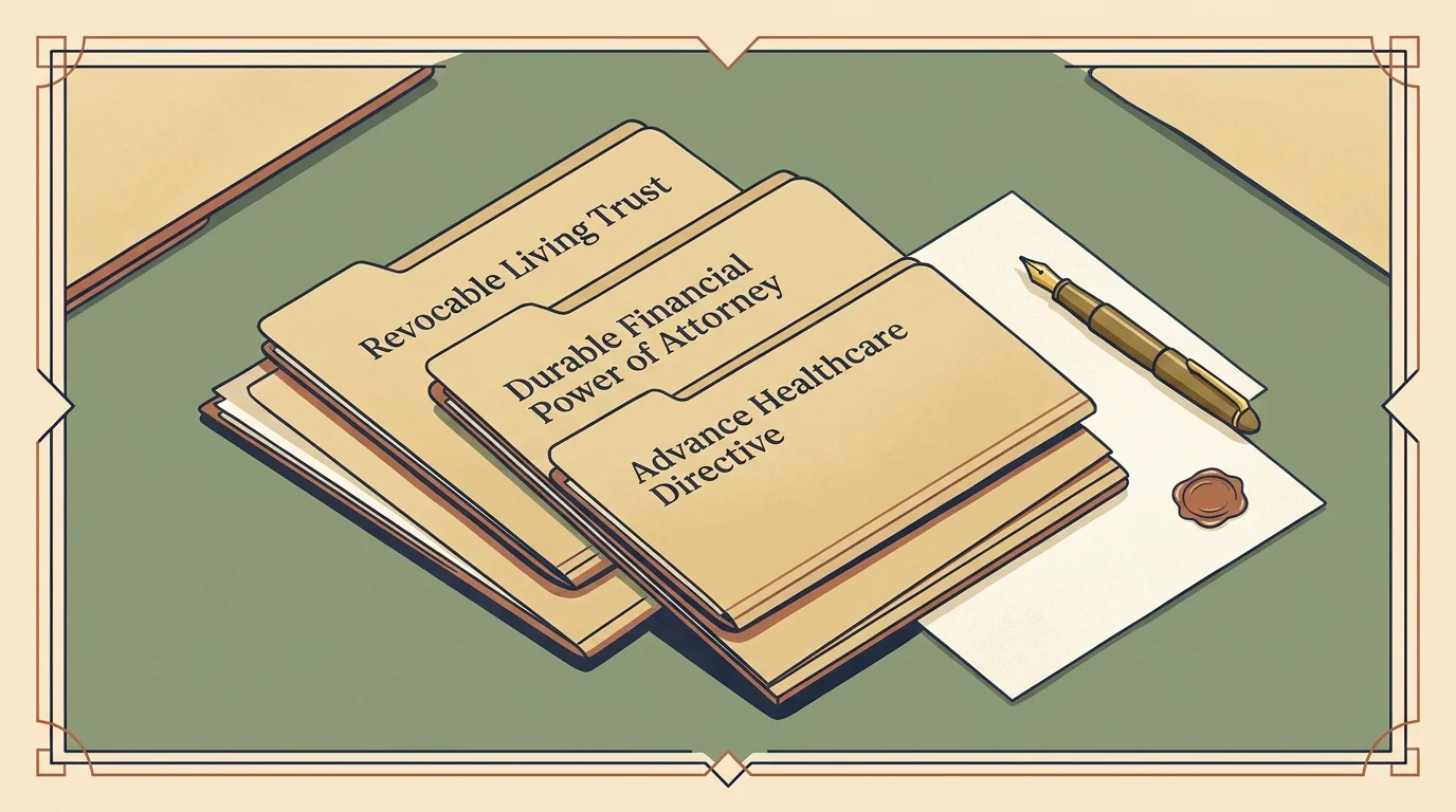 Manila folders labeled Revocable Living Trust, Durable Power of Attorney, and Healthcare Directive next to a fountain pen.