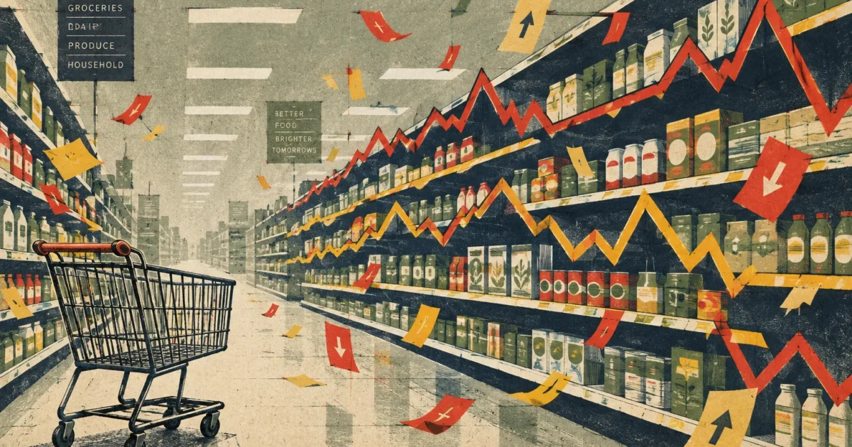 Illustration of a grocery store aisle with an empty shopping cart, price trend lines, and falling price tag arrows.