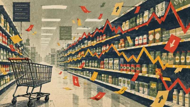 Illustration of a grocery store aisle with an empty shopping cart, price trend lines, and falling price tag arrows.