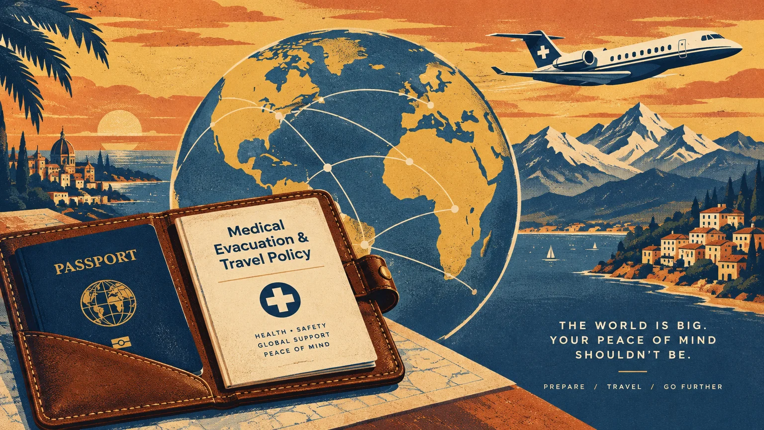 A passport, medical evacuation policy, globe, and airplane flying over a scenic coastline with mountains.