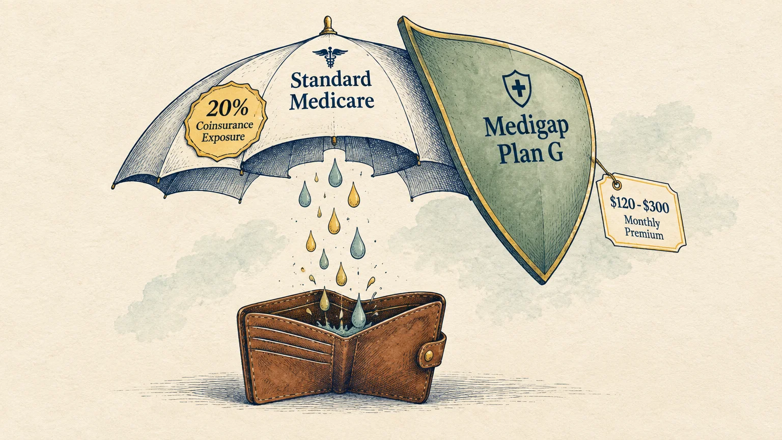 Illustration of drops falling through a Standard Medicare umbrella into an open wallet beside a Medigap Plan G shield.