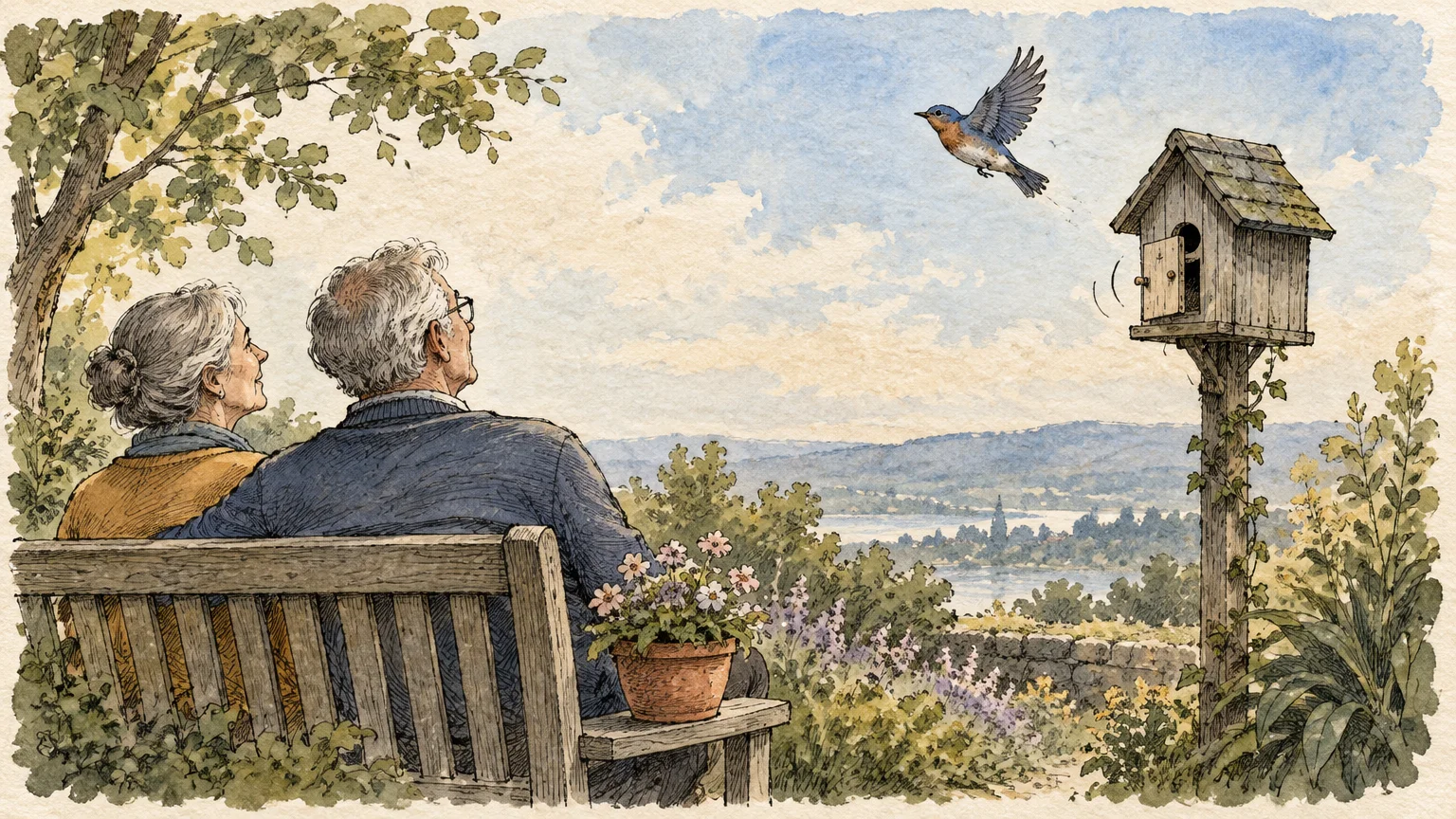 Watercolor illustration of an elderly couple on a wooden bench watching a small bluebird fly out of a birdhouse.