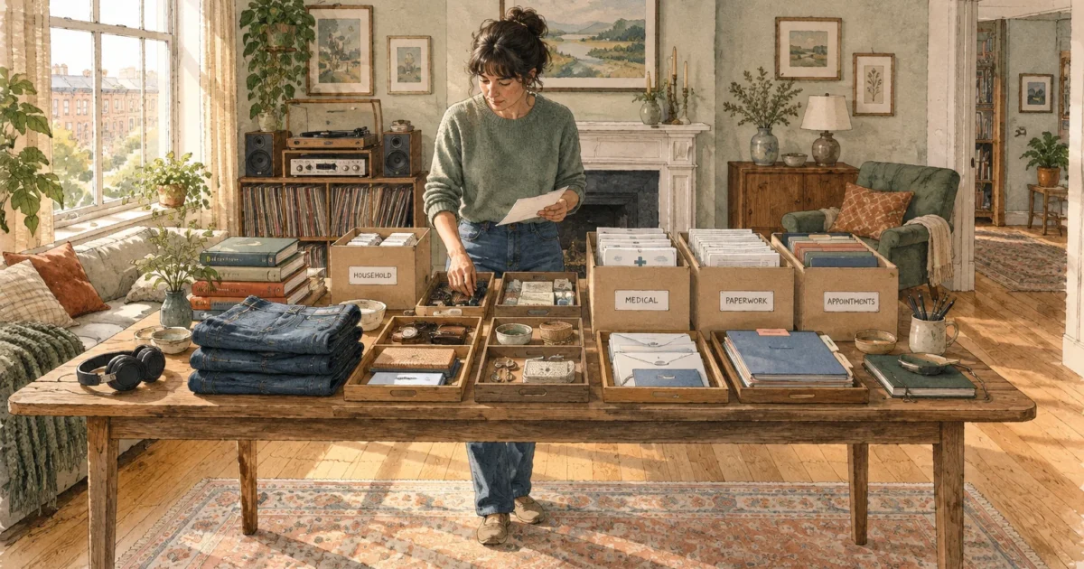 A woman stands behind a large wooden table sorting clothing, small items, and labeled cardboard boxes in a living room.