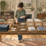 A woman stands behind a large wooden table sorting clothing, small items, and labeled cardboard boxes in a living room.