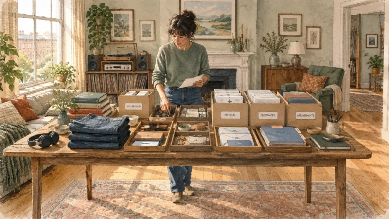 A woman stands behind a large wooden table sorting clothing, small items, and labeled cardboard boxes in a living room.