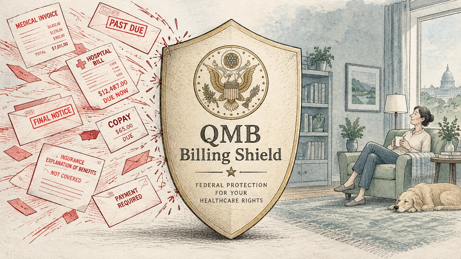Illustration of a QMB billing shield deflecting medical bills away from a relaxed woman resting inside her home.