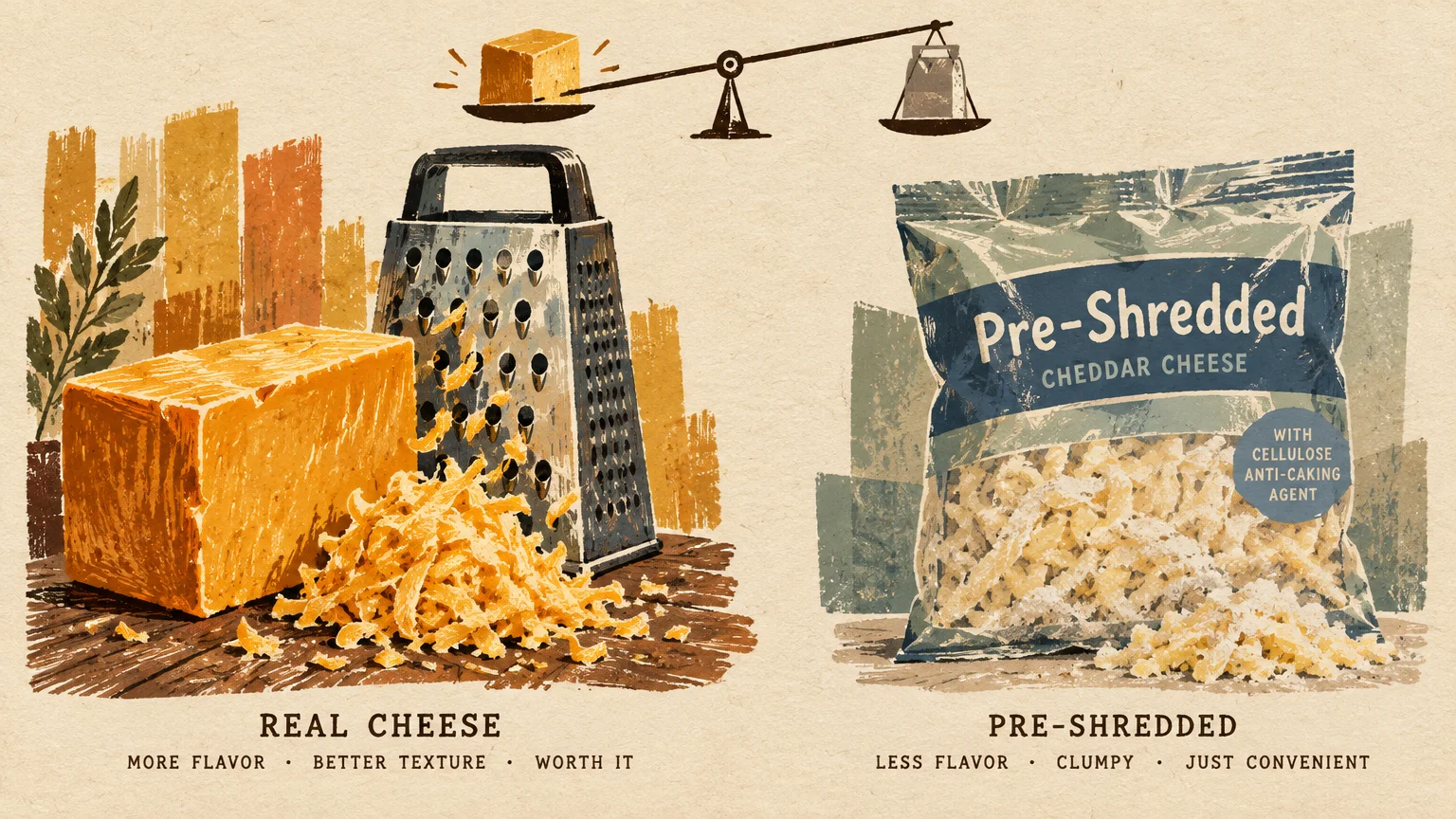 Illustration comparing a block of cheese and grater labeled real cheese against a bag of pre-shredded cheddar cheese.
