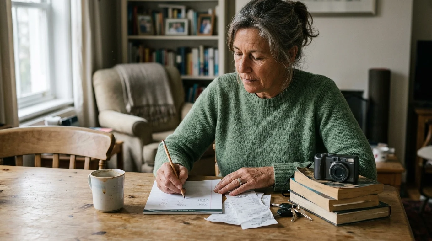 A woman sitting at a wooden table writes on a notepad near receipts, keys, a mug, and a stack of books with a camera.
