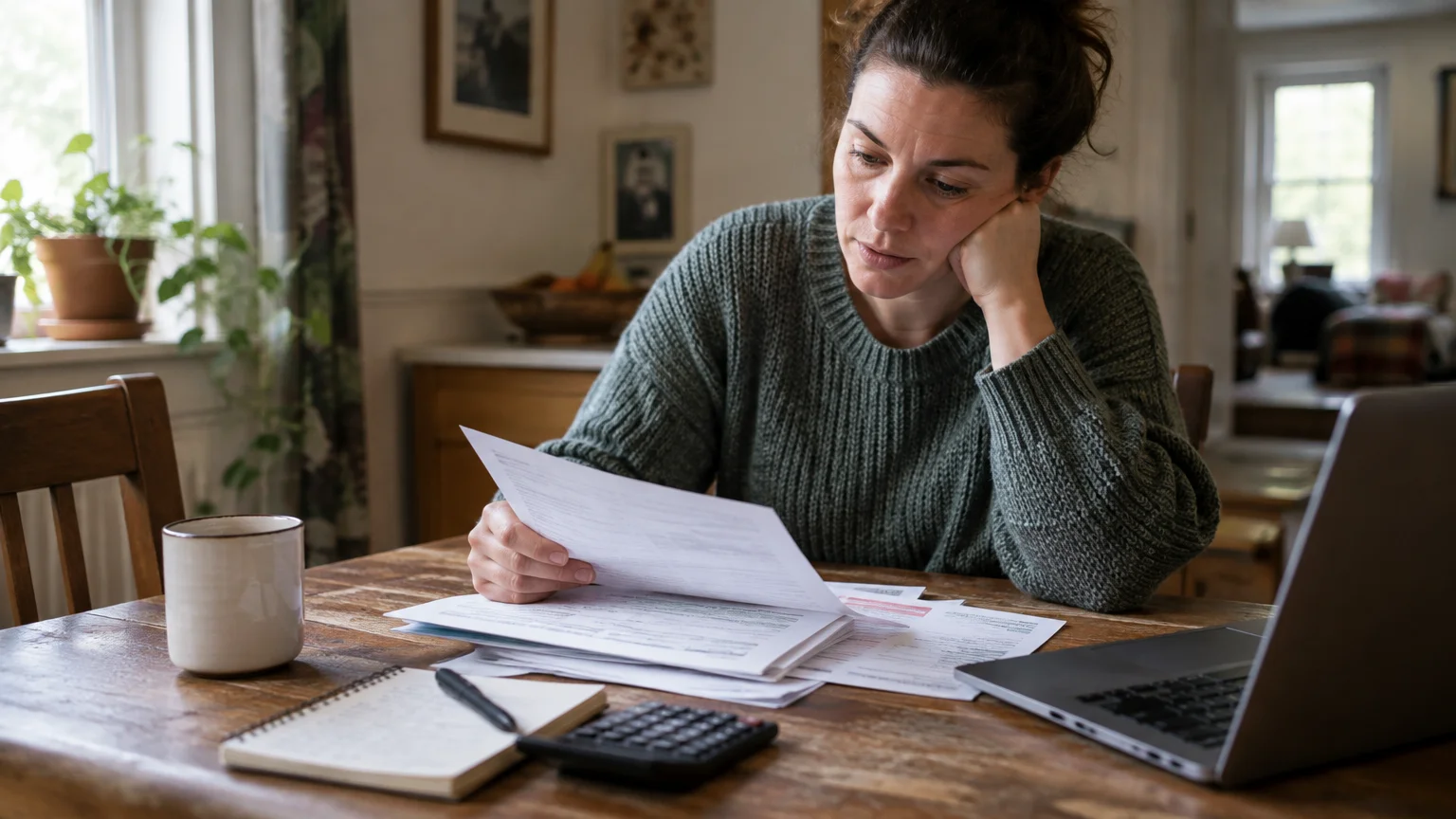 Woman sitting at a wooden table reviewing printed financial documents beside a laptop, calculator, and notepad.