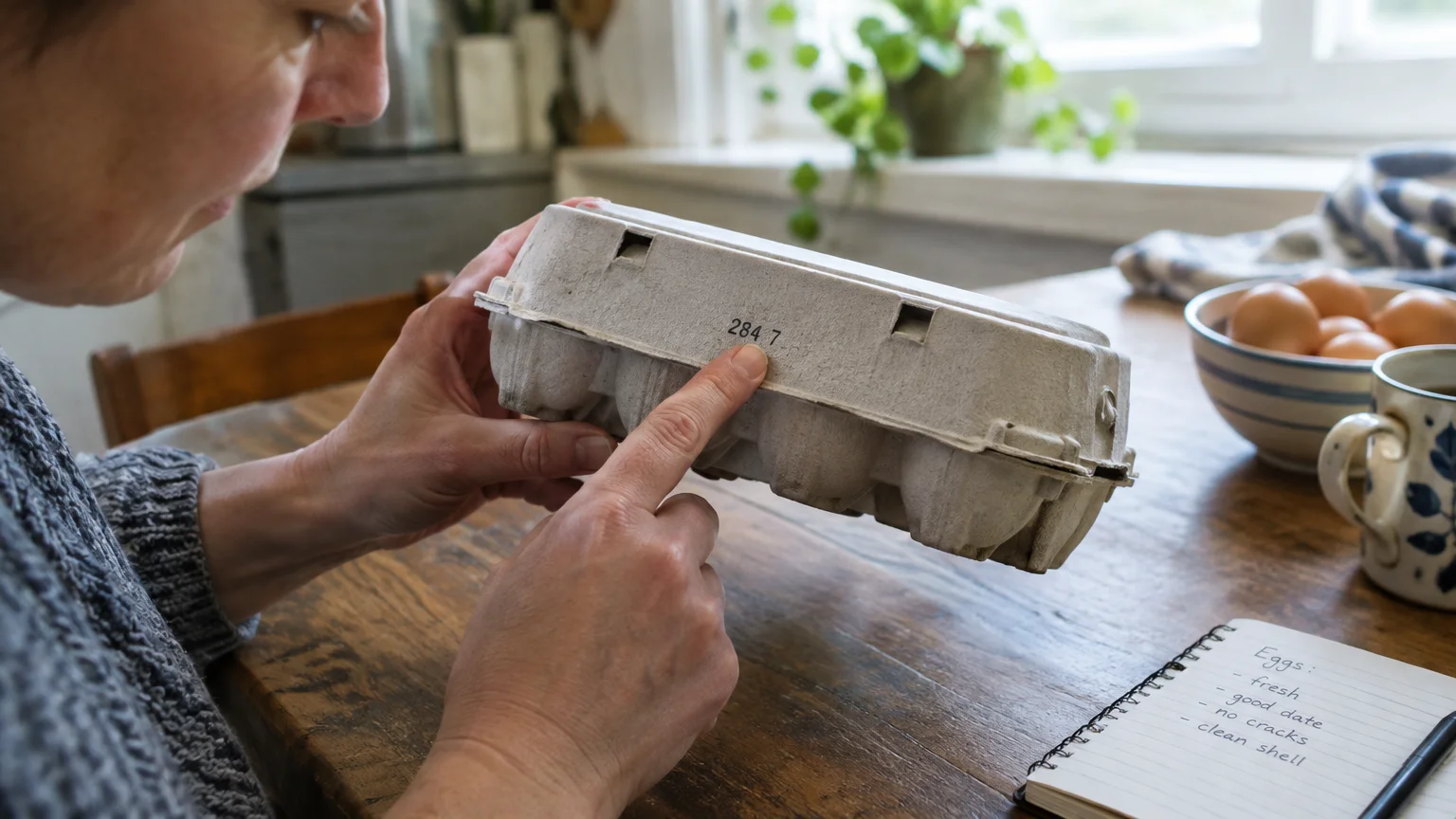 A person points at stamped numbers on the side of a grey egg carton on a wooden table next to a notebook.