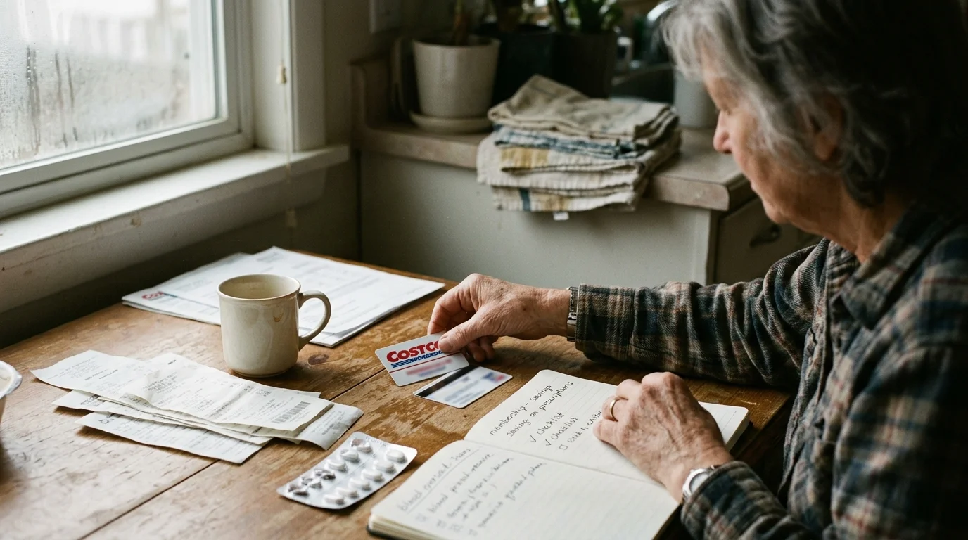 An older woman sits at a wooden table holding a Costco card beside receipts, blister packs of pills, and a notebook.