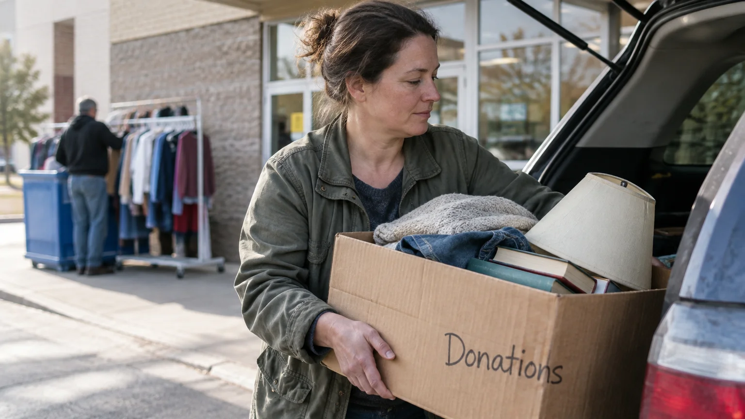 A woman removes a cardboard donation box filled with a lamp, books, and clothing from the trunk of her car.