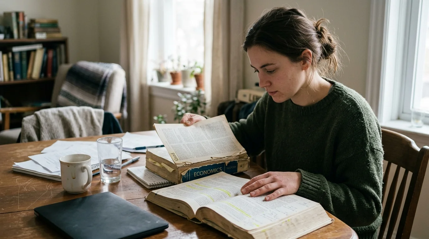 A young woman in a green sweater sits at a wooden table studying thick, worn economics textbooks with notes and coffee.