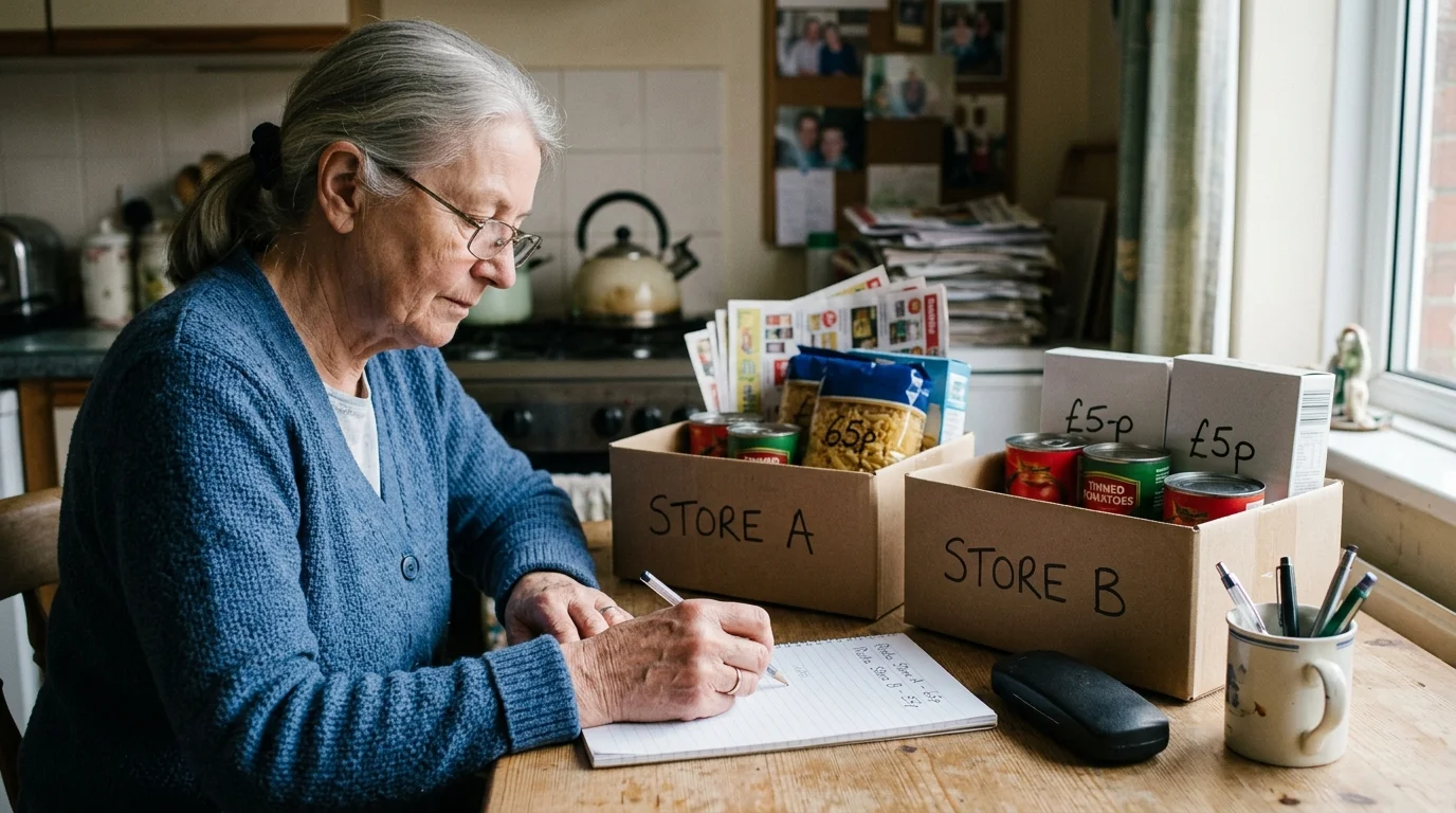 Older woman at a kitchen table writing in a notepad beside two cardboard boxes of groceries labeled Store A and Store B.