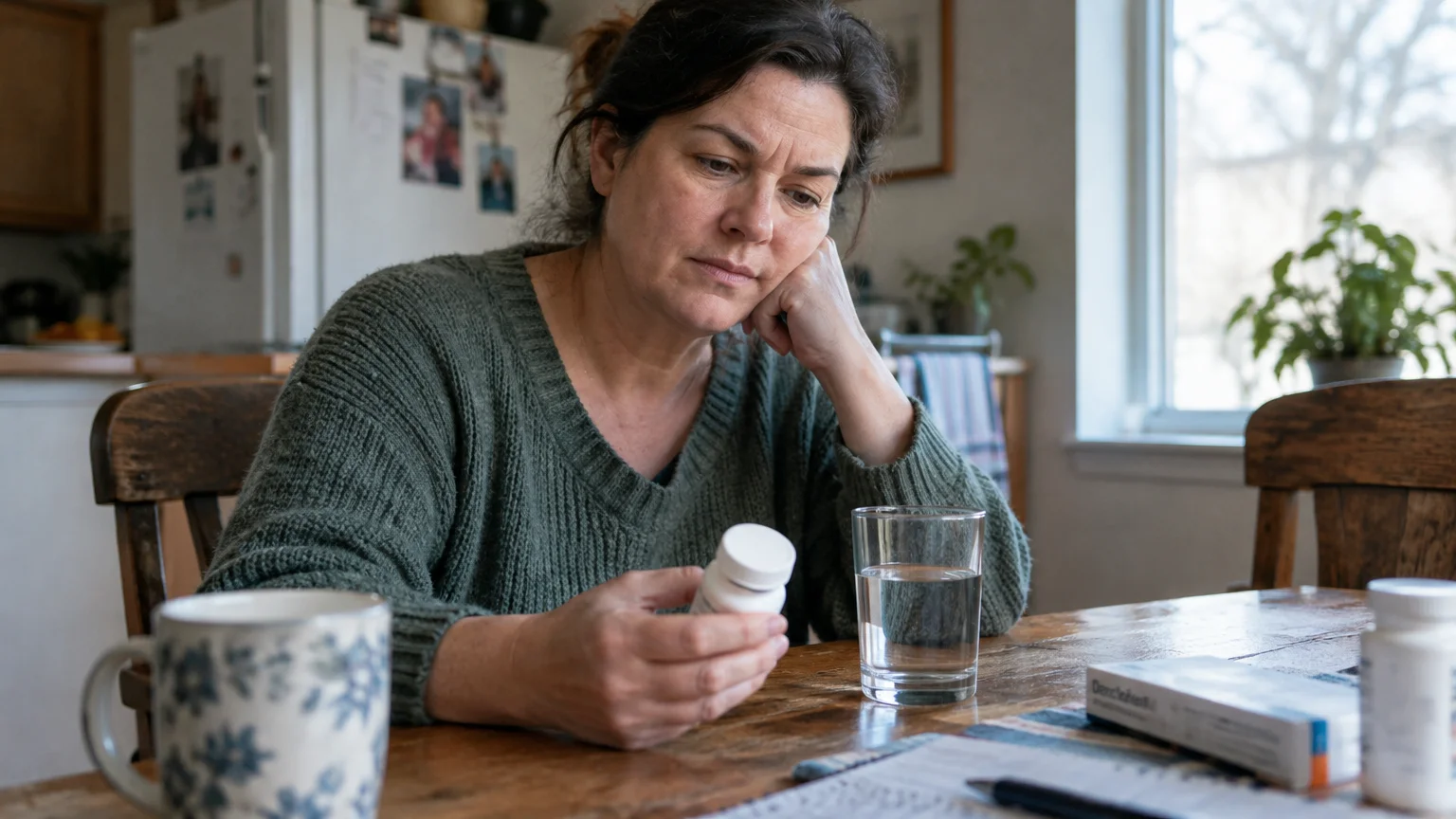 A woman sitting at a kitchen table looking pensively at a small white pill bottle next to a glass of water.