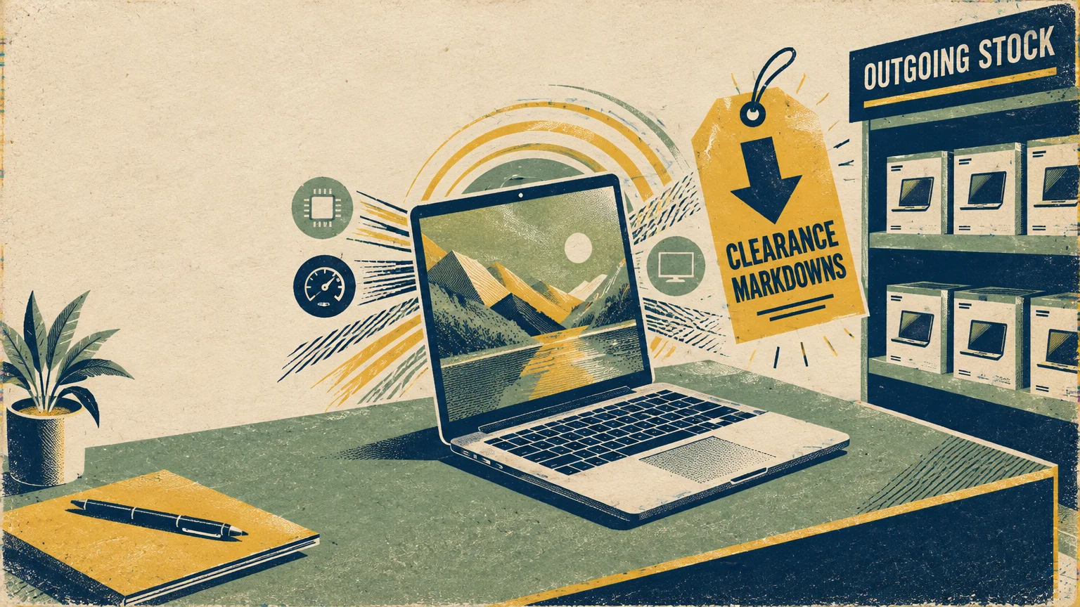 Illustration of an open laptop on a desk beside a clearance tag and boxed laptops on an outgoing stock shelf.